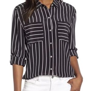 Long-Sleeve Collared Striped Shirt Blouse XS - OBO